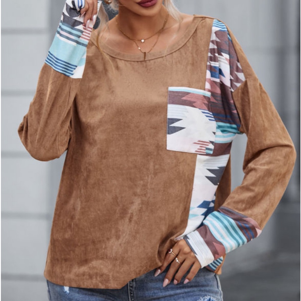 🌵Soft Brown Suedette Aztec Print Front Pocket Long Sleeve Top - Picture 9 of 13